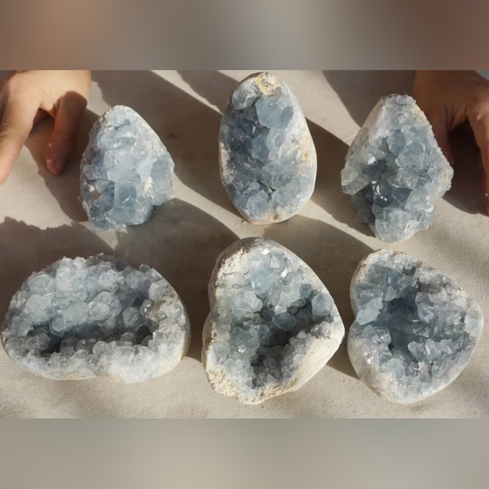 Blue Celestite Quartz Crystal Geode Cluster - Brazil - Live Show